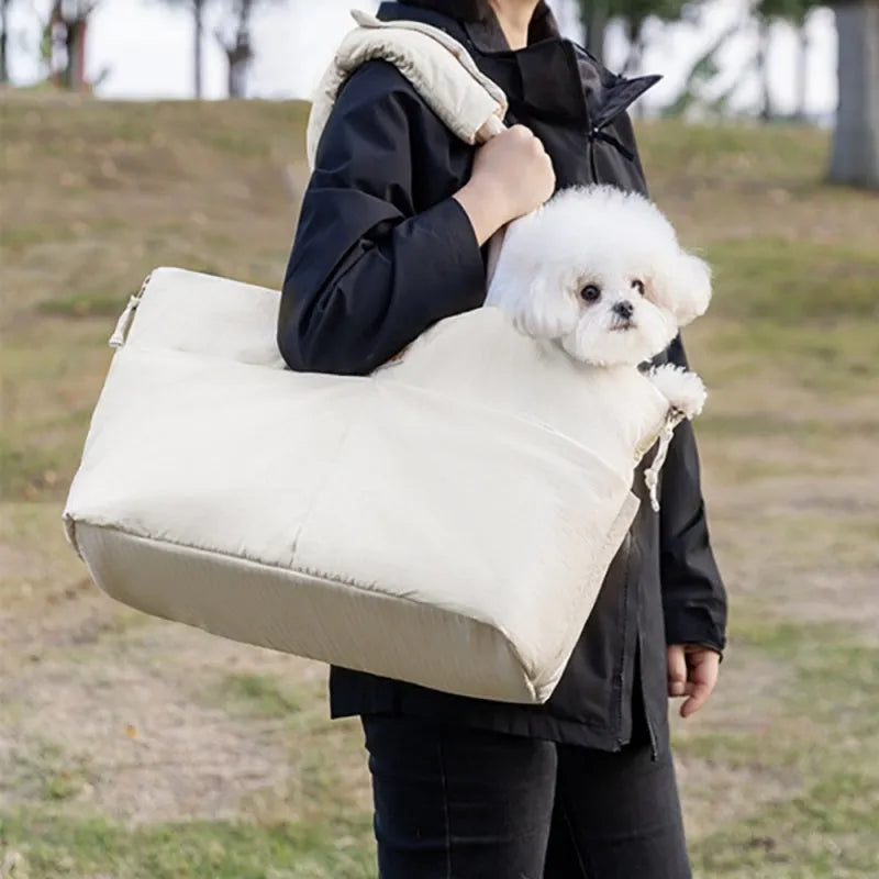 Dog car seat pet carrier with adjustable safety leash, soft cushion, beige design, for small dogs up to 10 pounds