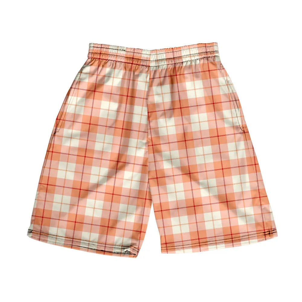 Men's polyester plaid shorts with elastic waistband in straight-leg casual style