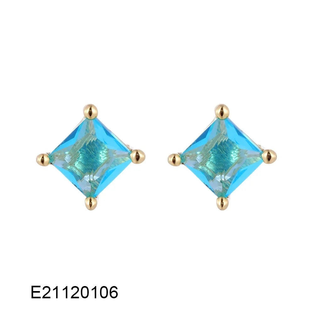 Gold-plated drop earrings with colourful cubic zirconia stones on a copper base.