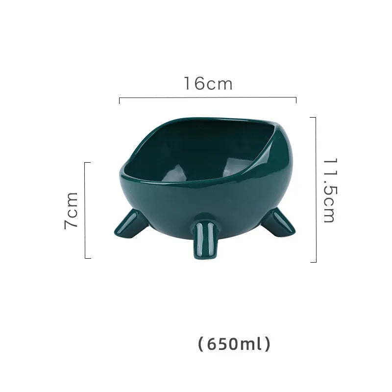 Green ceramic pet bowl with four legs and wide-mouth design for cats and small dogs