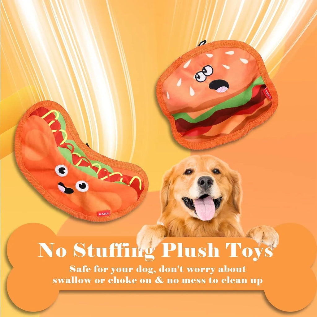 Hamburger shaped crinkle and squeak dog toy with no stuffing for safe interactive play