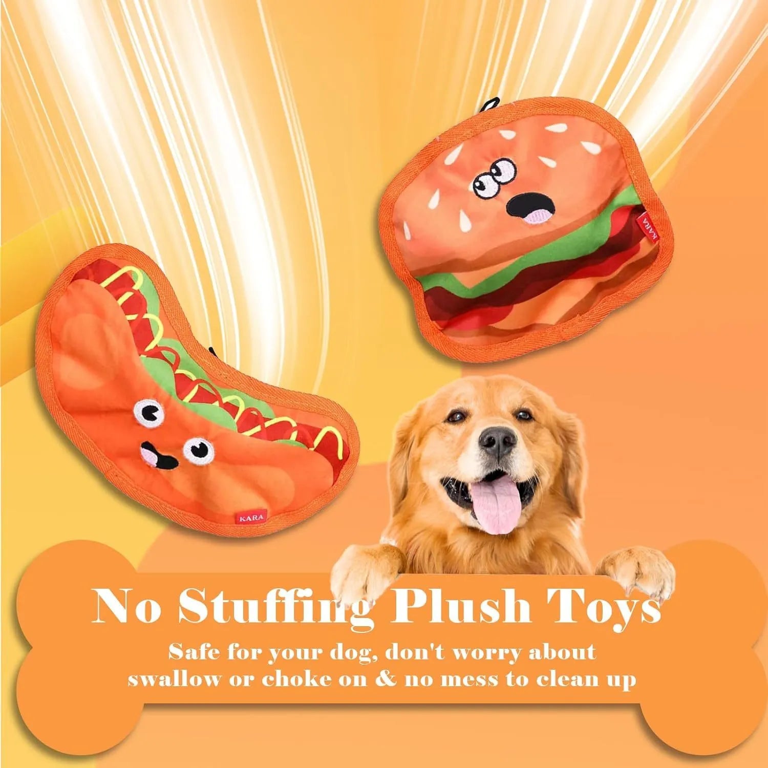 Hamburger shaped crinkle and squeak dog toy with no stuffing for safe interactive play