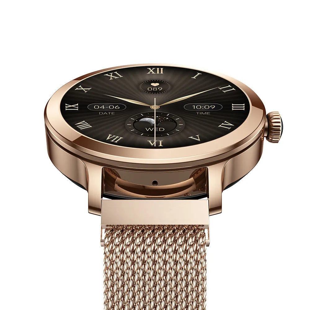 Women's AMOLED smart watch with Bluetooth calling and blood pressure monitoring on a wrist, gold steel finish, 1.106 inch screen