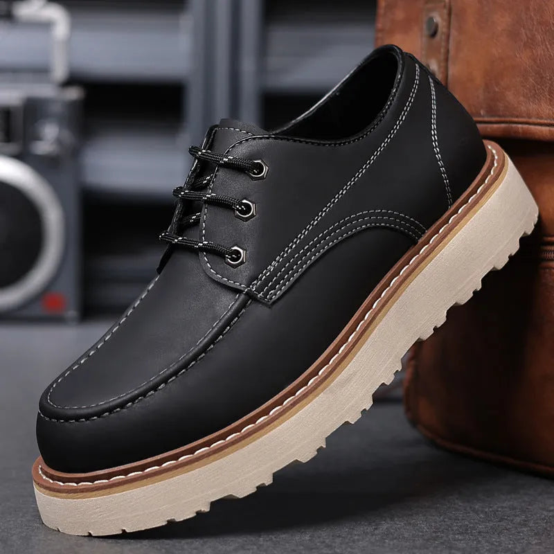 Men's black low-top Martin boots with round toe and rubber non-slip sole