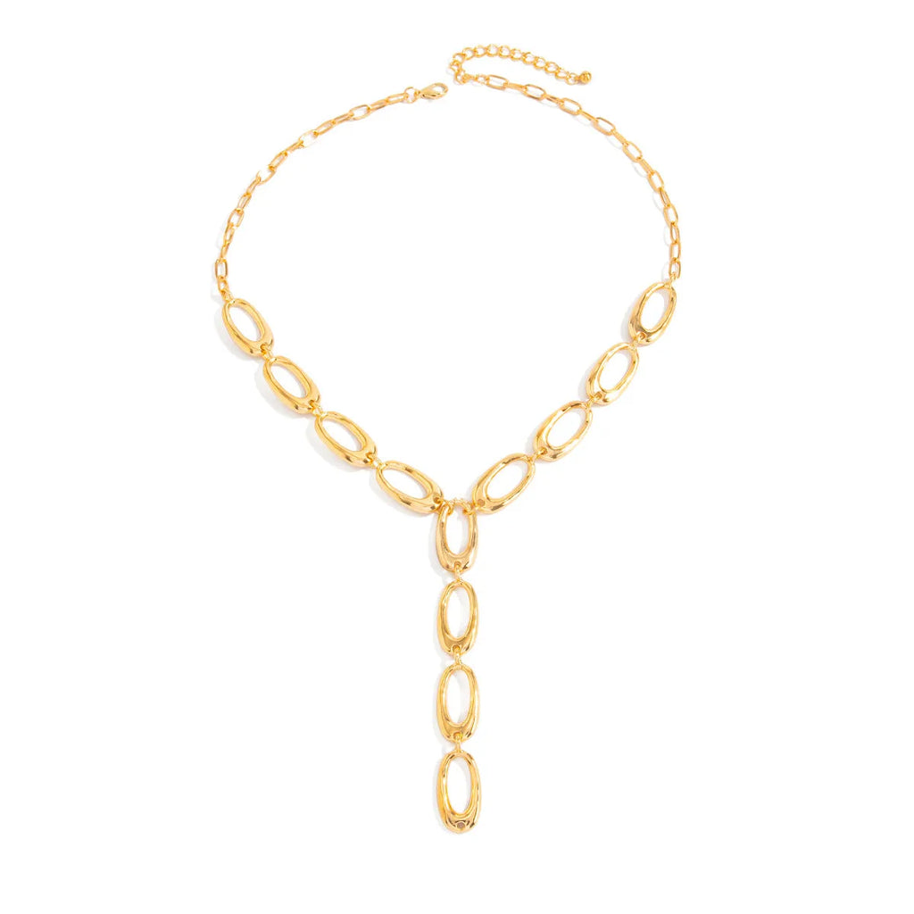 Metal textured Y-shaped cross necklace with alloy chain in gold finish on white background