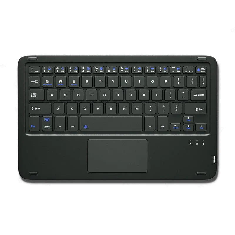 Pink Bluetooth touch keyboard and rechargeable wireless mouse on a desk next to a tablet.