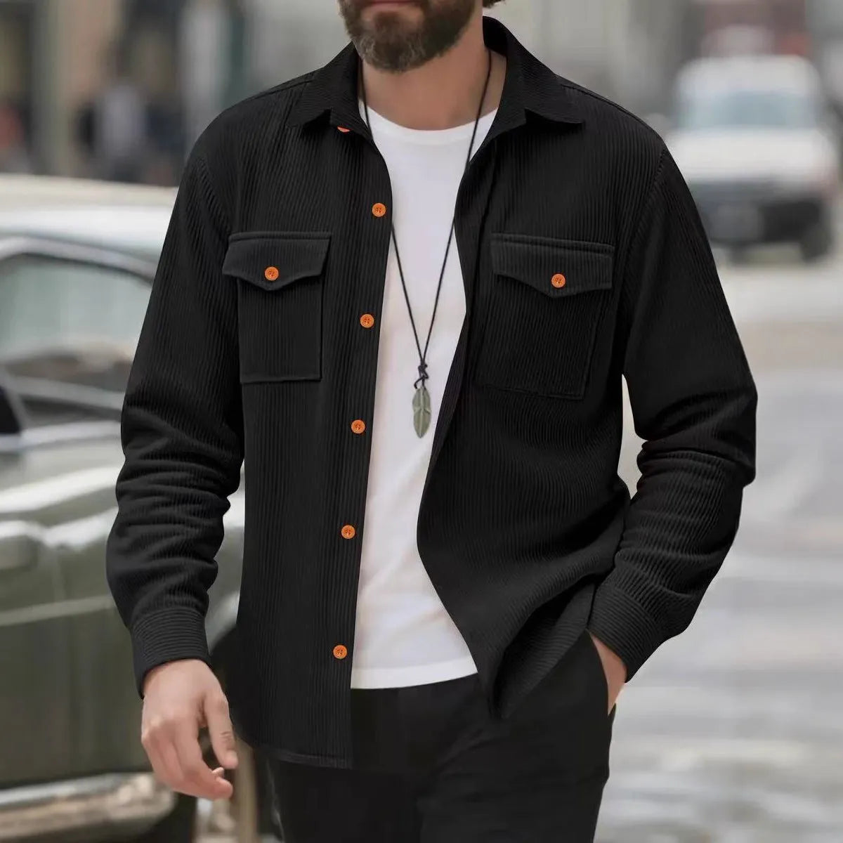 Men's corduroy solid colour jacket in army green, simple style, Asian sizing