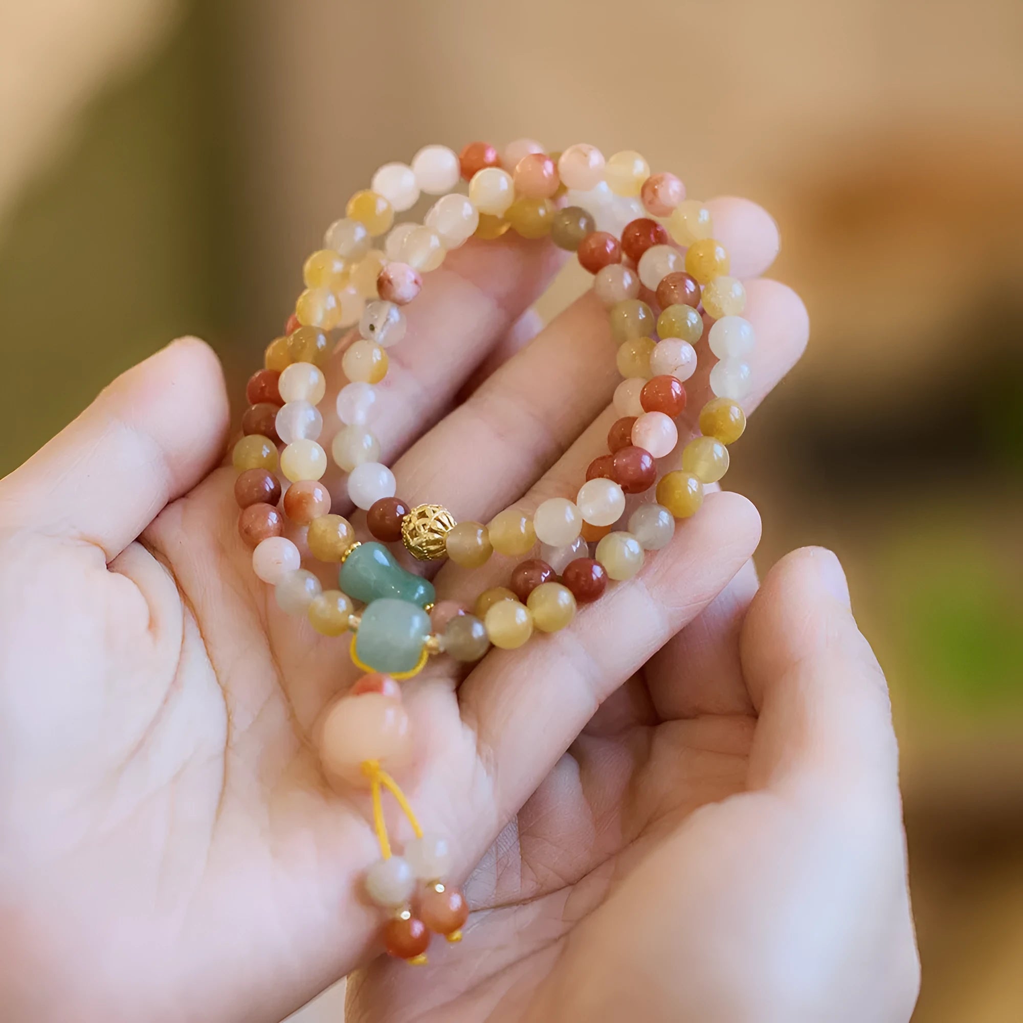 Women's handmade three-circle pumpkin tassel bracelet in green Jinsi Jade, 6mm beads, national style