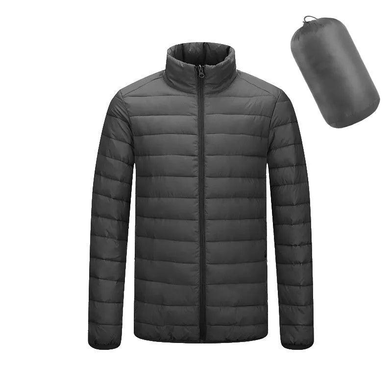 Men's lightweight hooded coat in solid colour, nylon fabric, zipper front, long sleeves, available in multiple colours and sizes