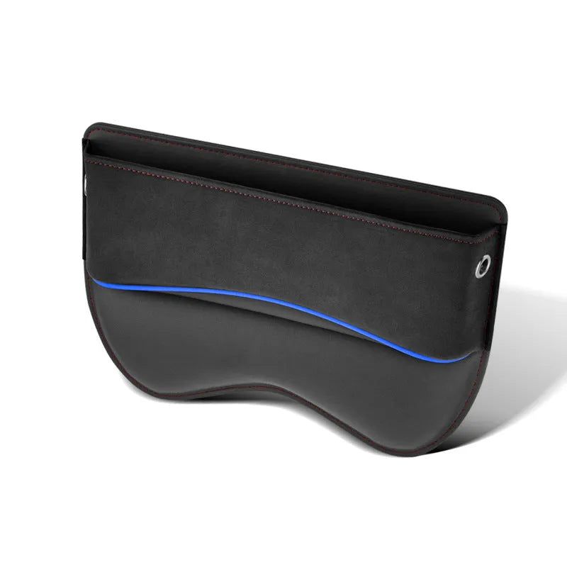 Leather car seat storage box in beige colour on a car passenger seat.