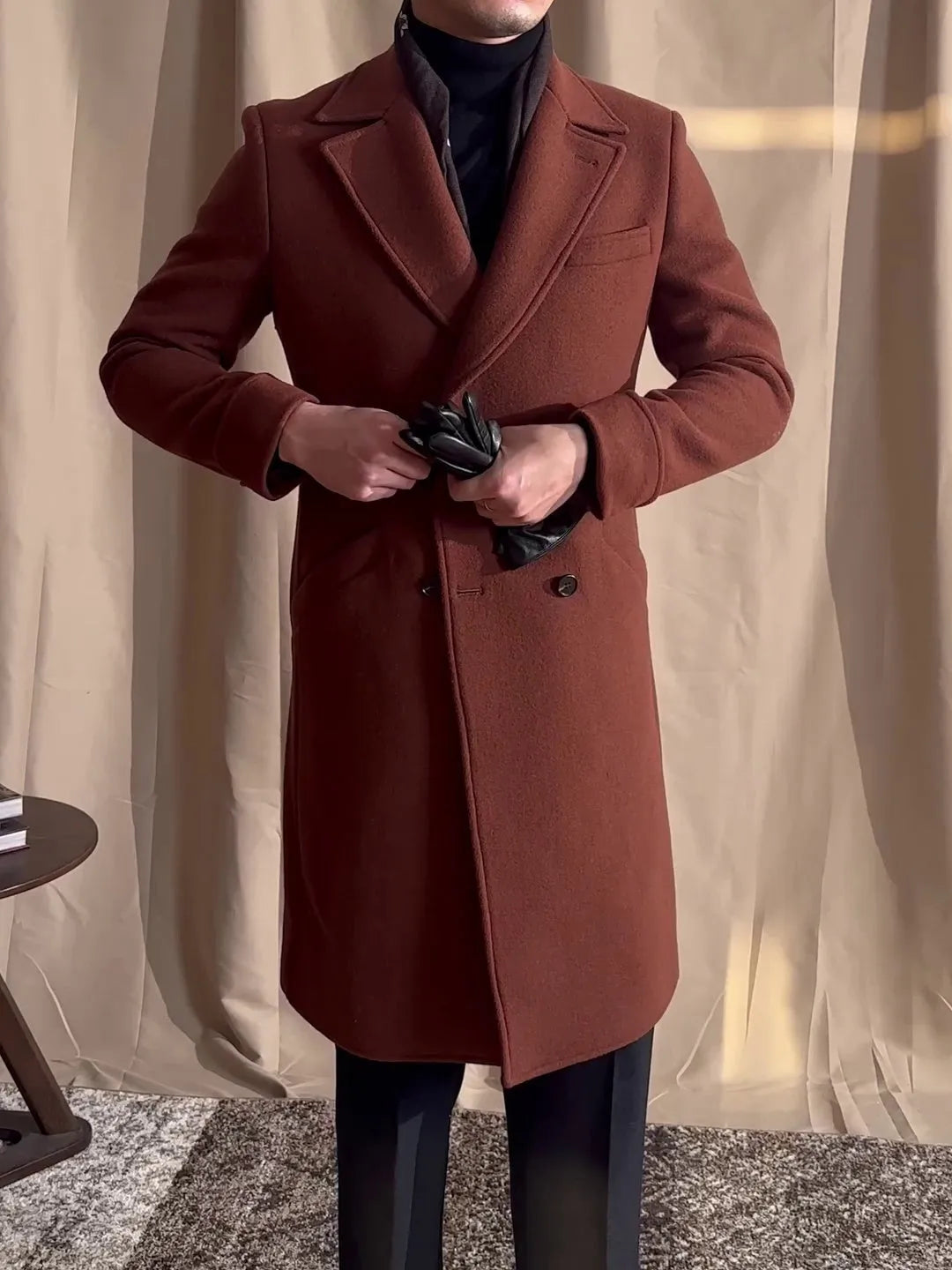 Double-breasted mid-length wool overcoat in caramel with suit collar, available in sizes M to 3XL