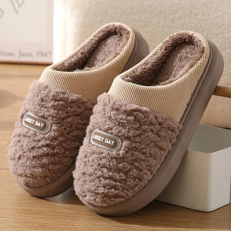 Men's grey and brown plaid winter slippers with thick woolen bottom and rabbit hair upper