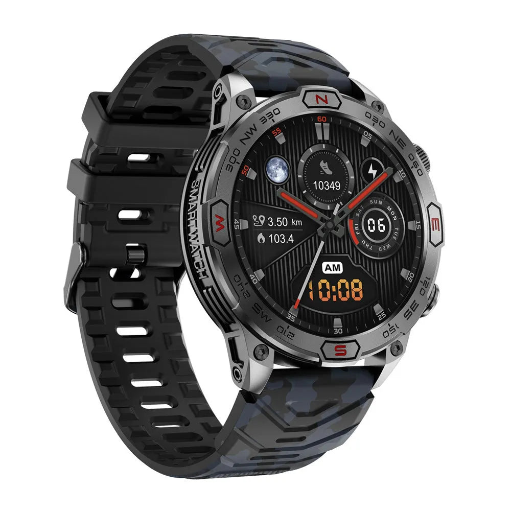 Sports smart watch with AMOLED screen on a black silicone strap, showing fitness data.