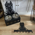 Personalised dog food bowl holder with engraved name and stainless steel construction