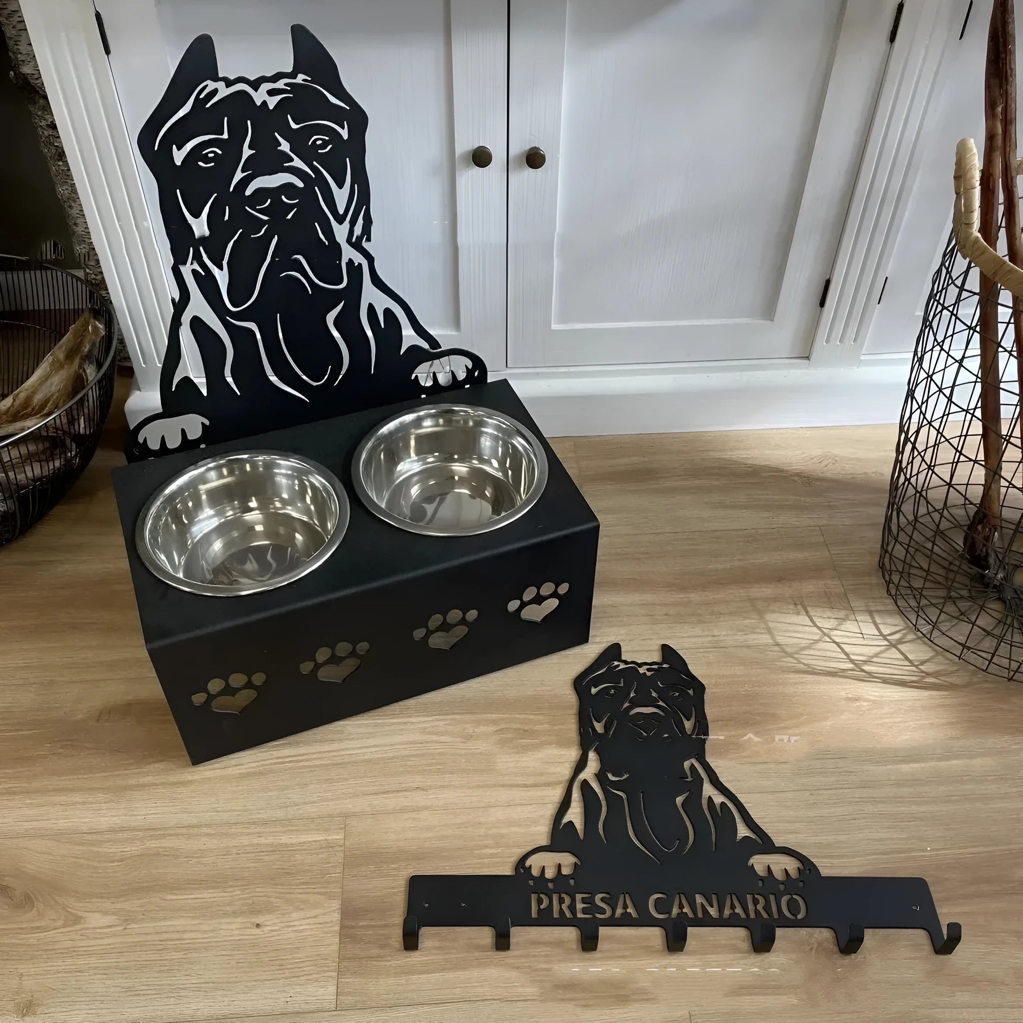 Personalised dog food bowl holder with engraved name and stainless steel construction