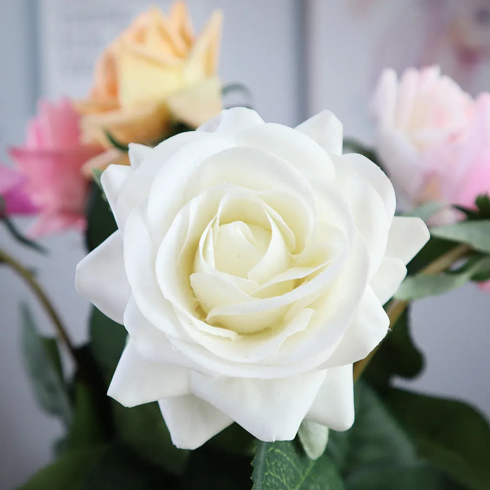 Silk touch rose artificial flower with 42cm stem and 8.5cm diameter flower head in various colours