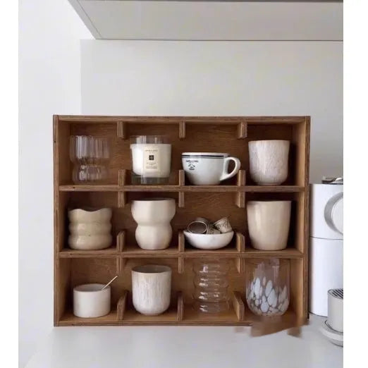 Solid birch wood cup storage rack with multiple grid compartments in meridian colour