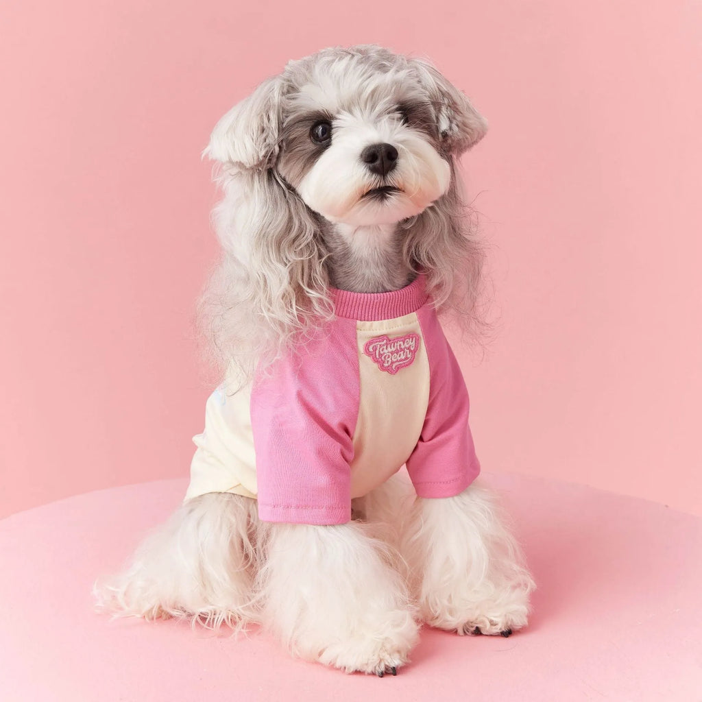 Red cotton dog t-shirt for summer on a small dog