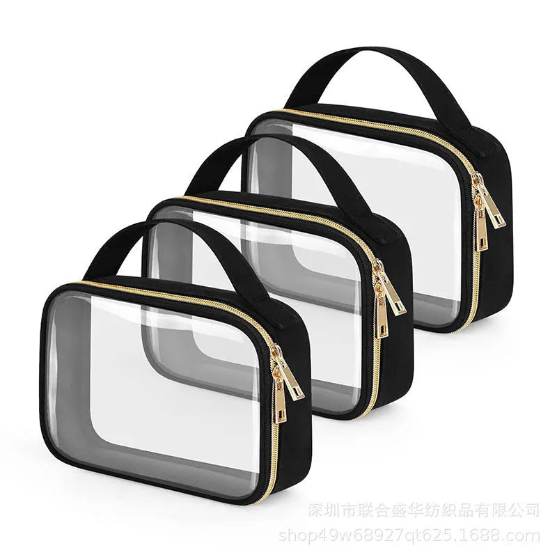 Clear PVC cosmetic wash bag with chain handle showing lipsticks inside, in leopard print colour.