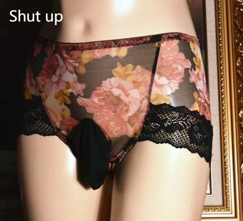 Man's printed ultra-thin ice silk briefs in mid-waist style on a neutral background.