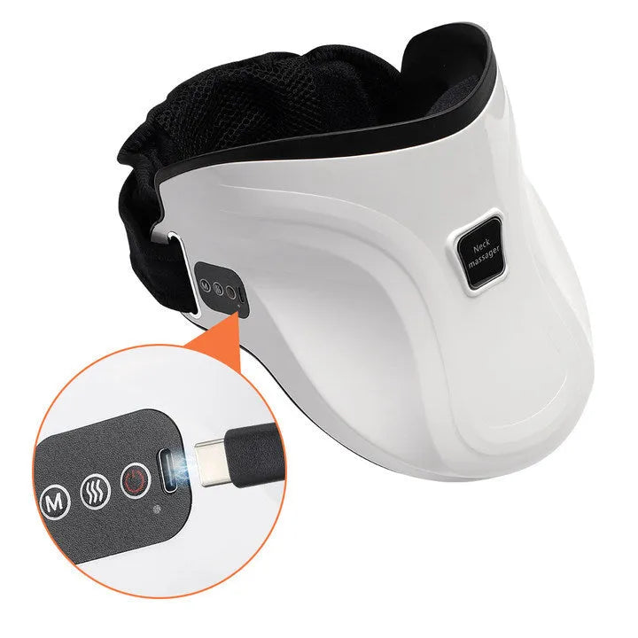 Electric neck massager in white with air pressure pads and wrapped design, featuring hot compress and traction functions