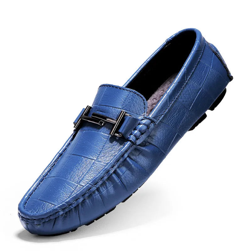Men's leather casual shoes with buckle detail in four colour options showing flat heel and rubber sole