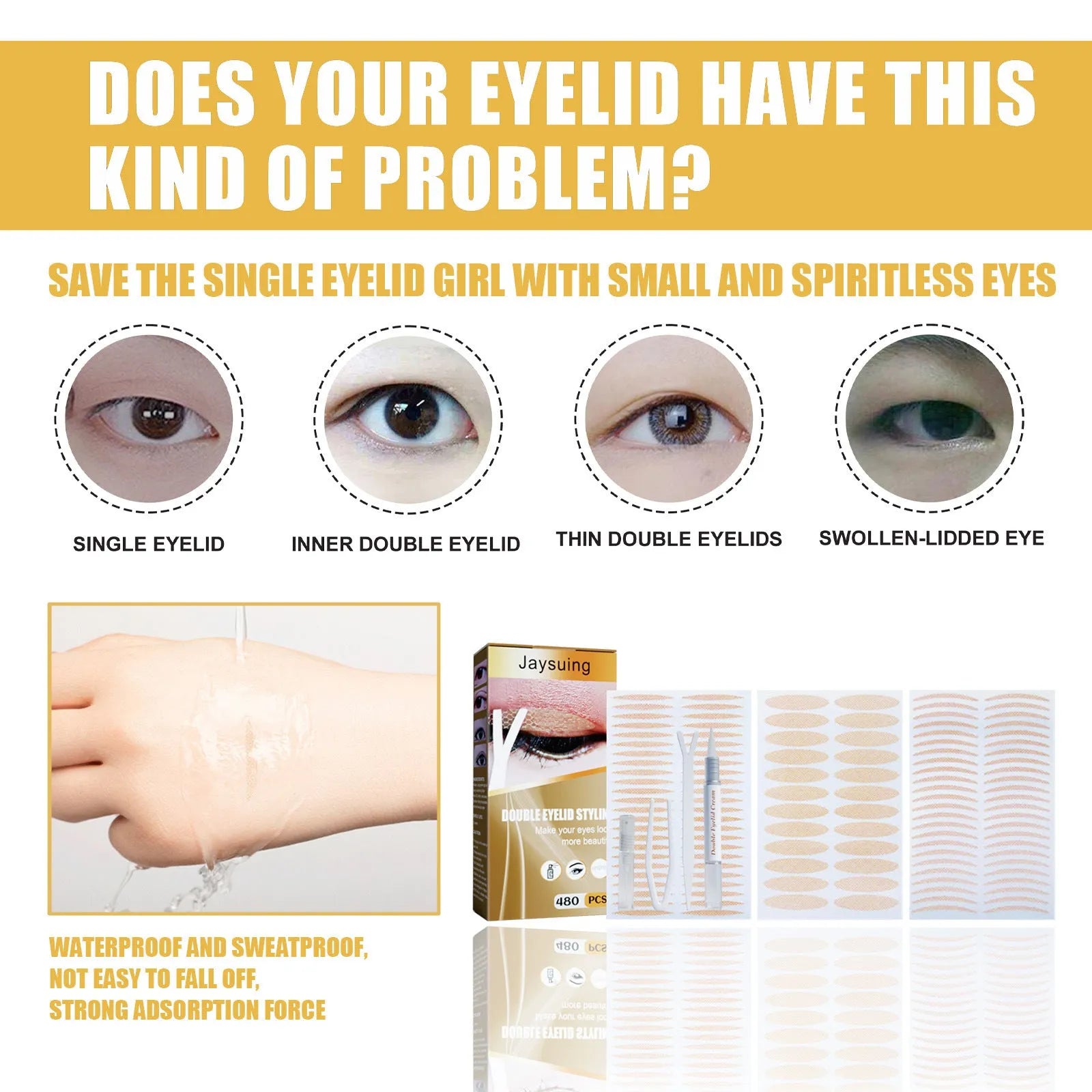 Double eyelid sticker set with 12 sheets and application tools including Y clip and spray bottle