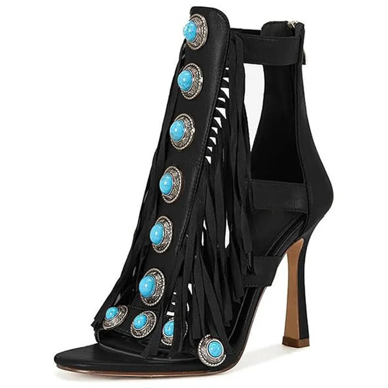 Women's round toe hollow tassel sandals with back zipper and super high heel in black and brown leather-look upper