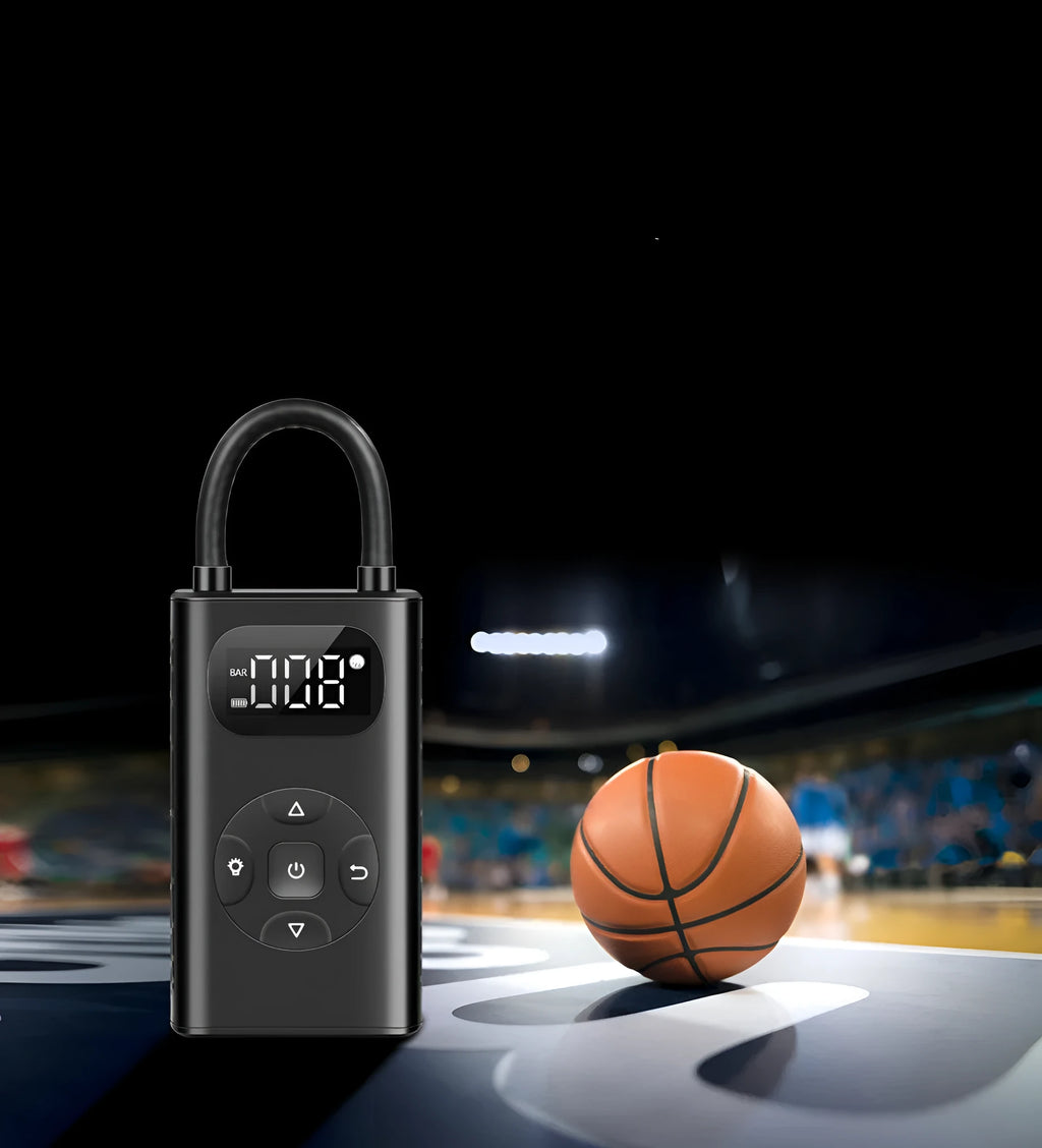 Black M09X portable USB electric air compressor power bank for tyre inflation.