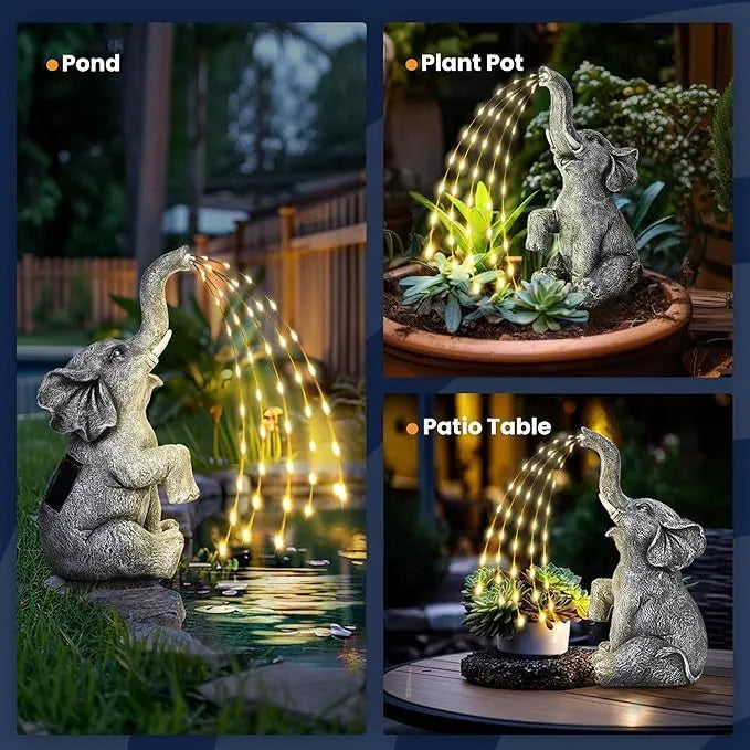 Resin elephant garden sculpture with built-in LED lighting for outdoor decoration