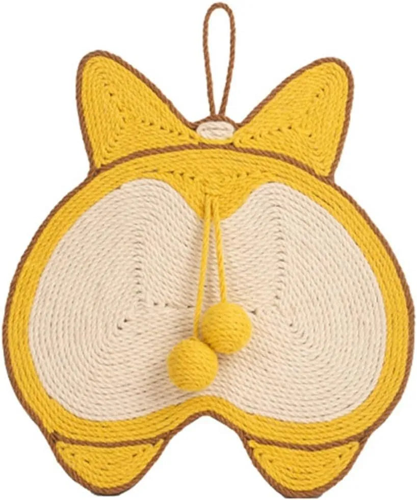 Yellow corgi butt design cat scratching pad with natural sisal surface on anti-slip base
