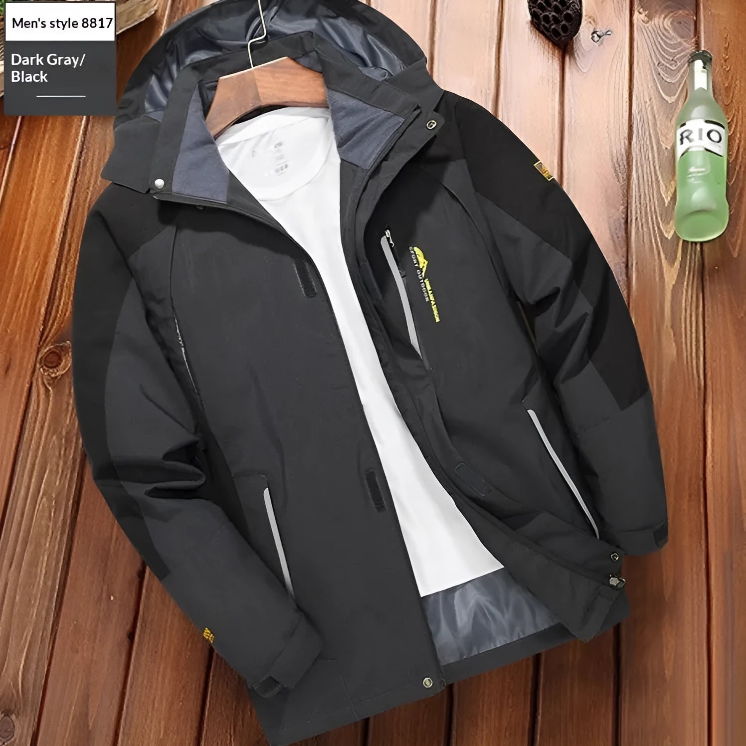 Men's solid colour polyester fibre waterproof windbreaker jacket in black shown front view, suitable for hiking and camping