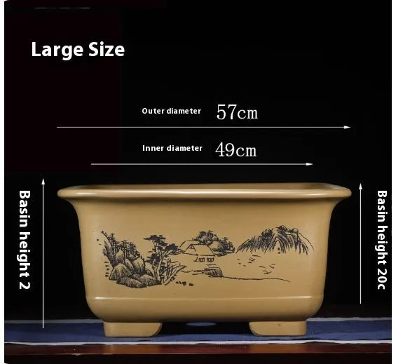 Large Chinese-style purple clay flower pot for indoor bonsai and plants.