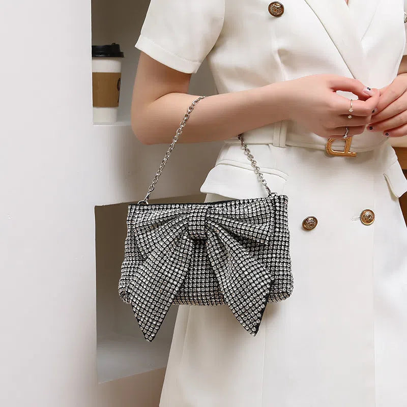Fashion evening banquet full crystal rhinestone single shoulder chain crossbody bag bow shape polyester silver colour