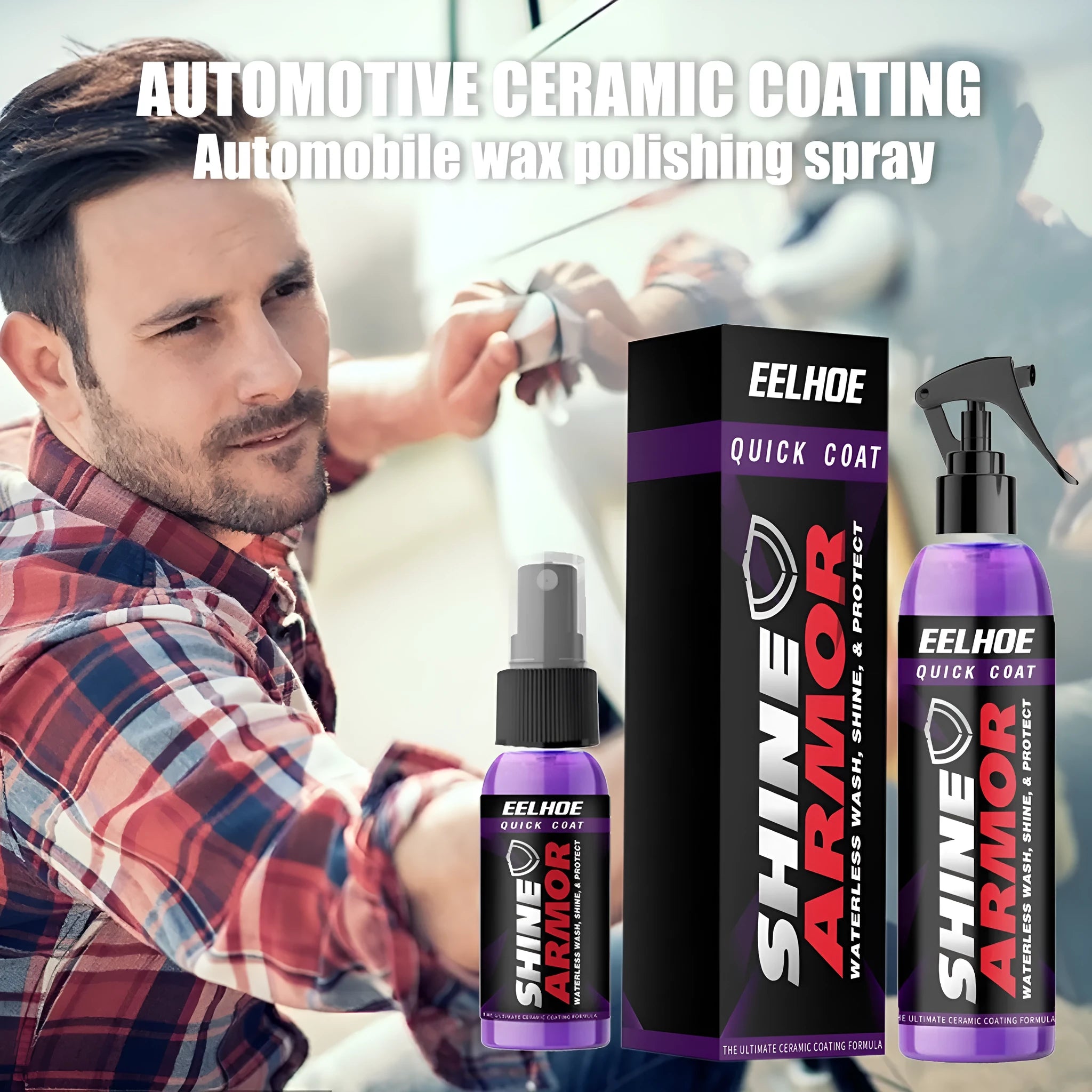 Purple automotive nano coating spray bottle for car maintenance in hand spray format