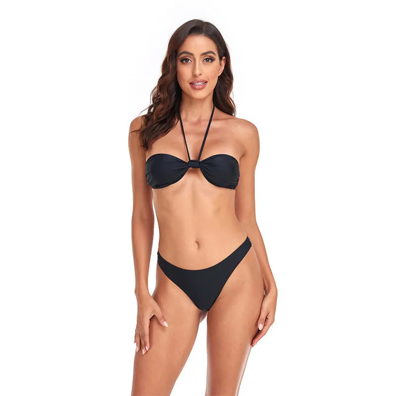Black women's bikini set with lace-up tube top and matching swim briefs