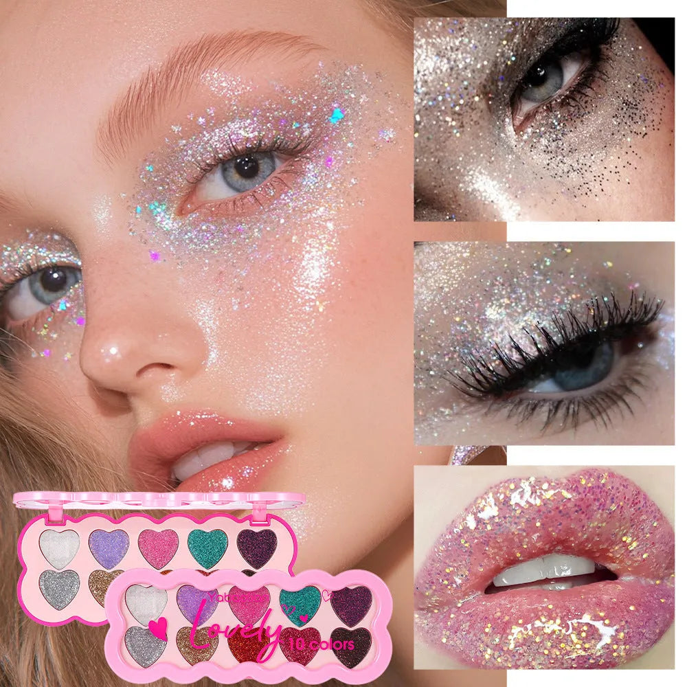 Ten-colour pearlescent heart sequin eyeshadow palette showing multiple shades