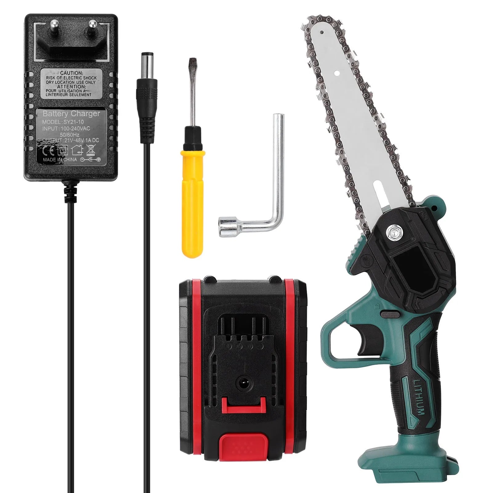 Black one-handed mini electric chainsaw with a 4-inch guide bar on a wooden surface.