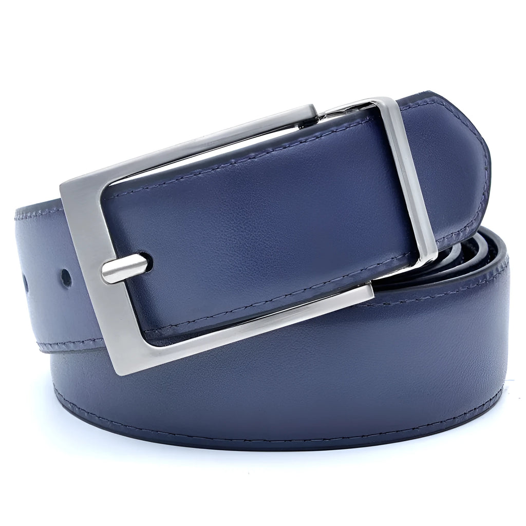 Men's brown and black casual leather belt with rotating pin buckle showing alloy fastener and two-layer cowhide construction