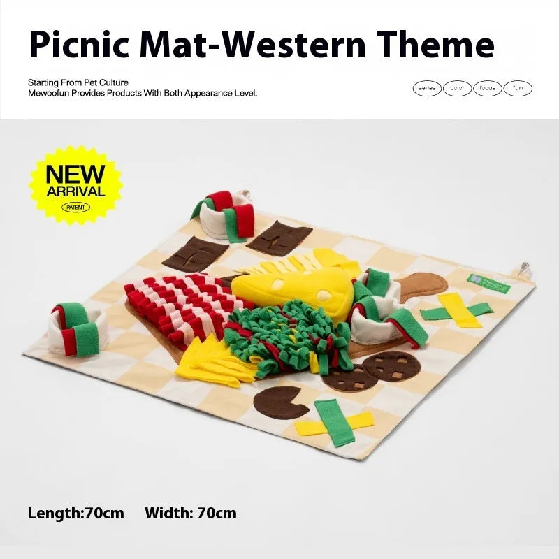Plastic fabric dog sniffing mat with textured surface for hiding food treats, showing multiple theme design options