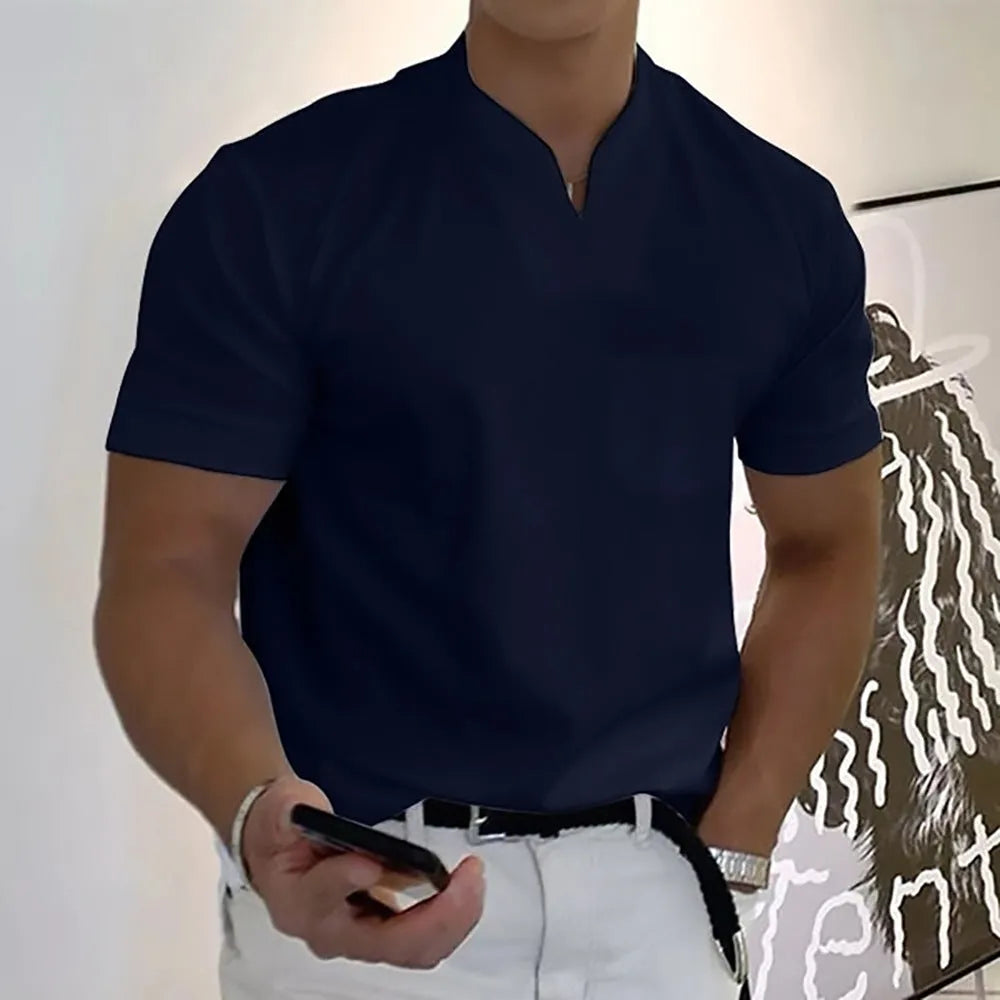 Men's summer short sleeve shirt with pocket in light grey, loose stand collar fit with plain pattern, plus size S-5XL