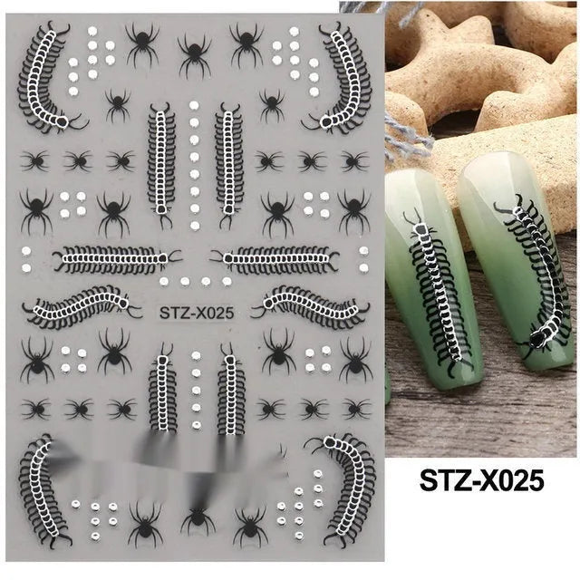 Pack of black and silver striped nail art stickers with cartoon and love pattern designs.
