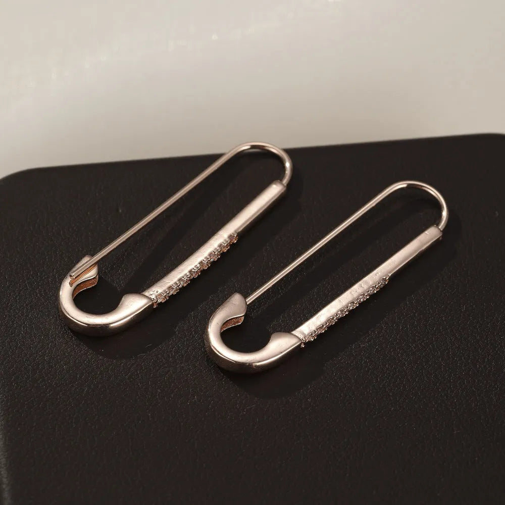 Rose gold copper pin earrings with geometric asymmetric shape and inlaid zircon for women