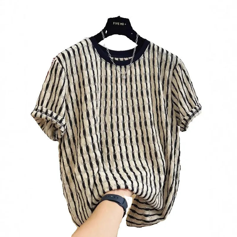 Black striped men's pullover shirt with loose fit and short sleeves made from linen silk blend fabric