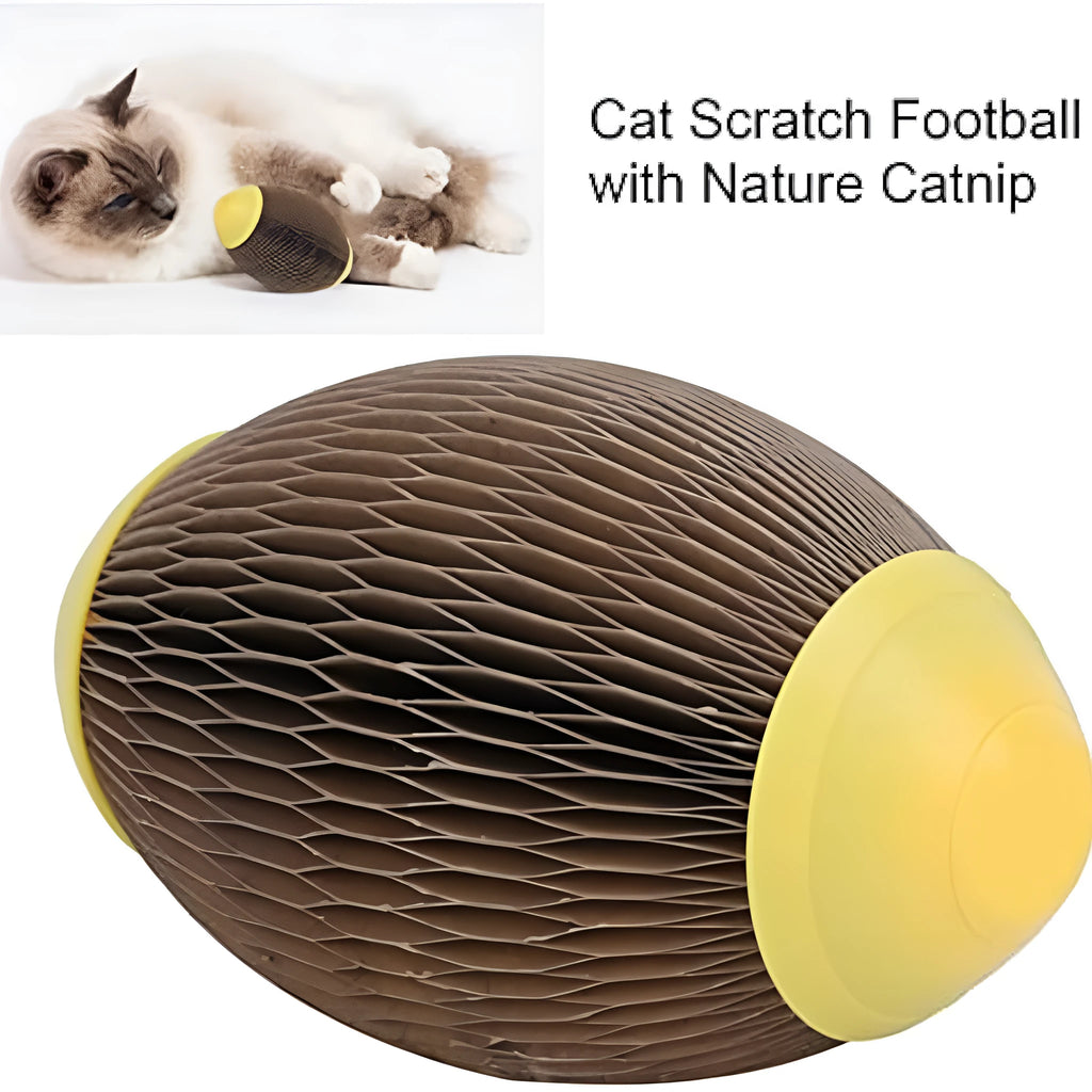 Ellipse-shaped corrugated paper catnip ball and scratch toy for cats on a plain background.