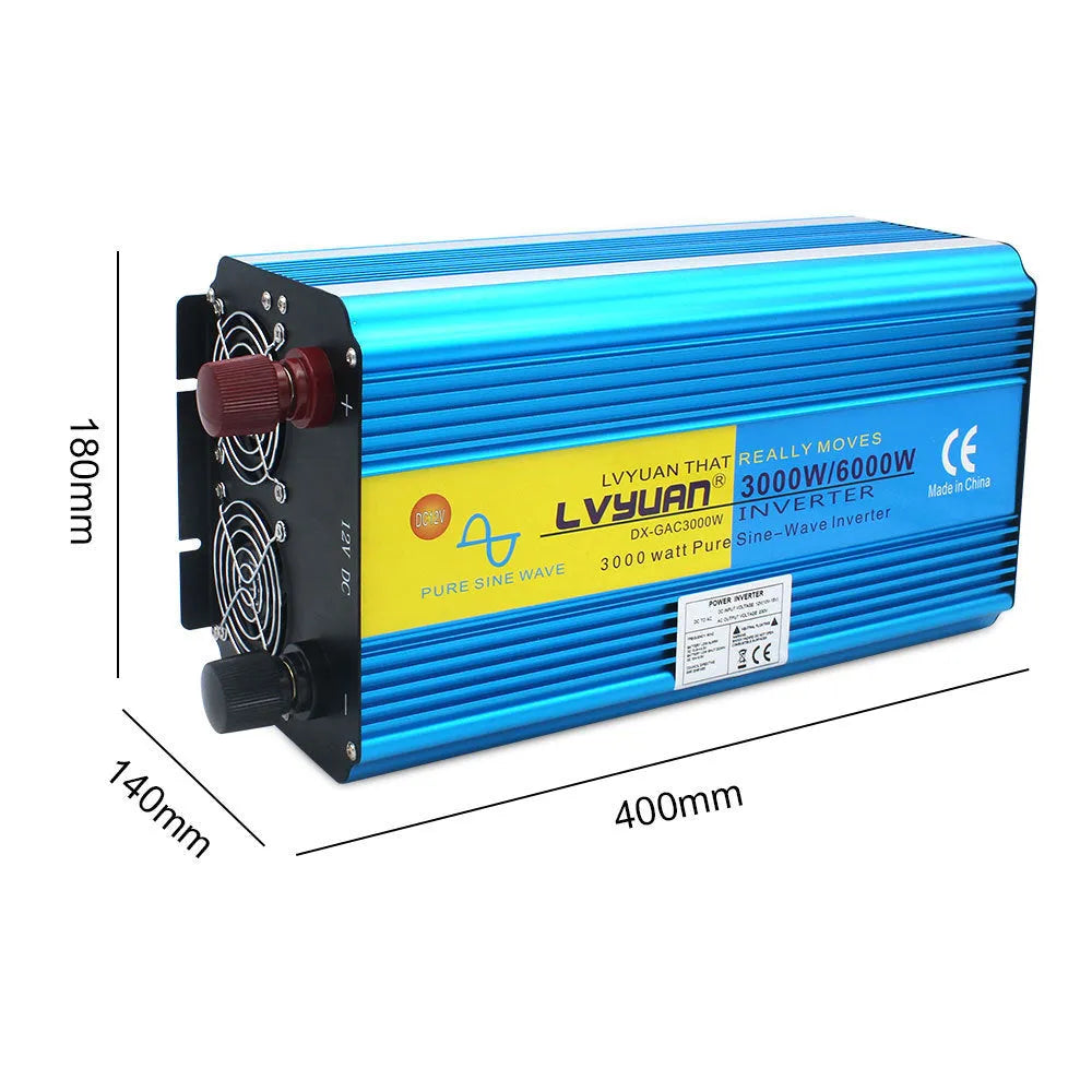 Blue 3000W dual digital display car power inverter with remote control and UK plug.