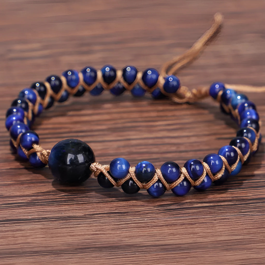 Handwoven geometric bracelet with genuine tigereye or amethyst stones and adjustable closure