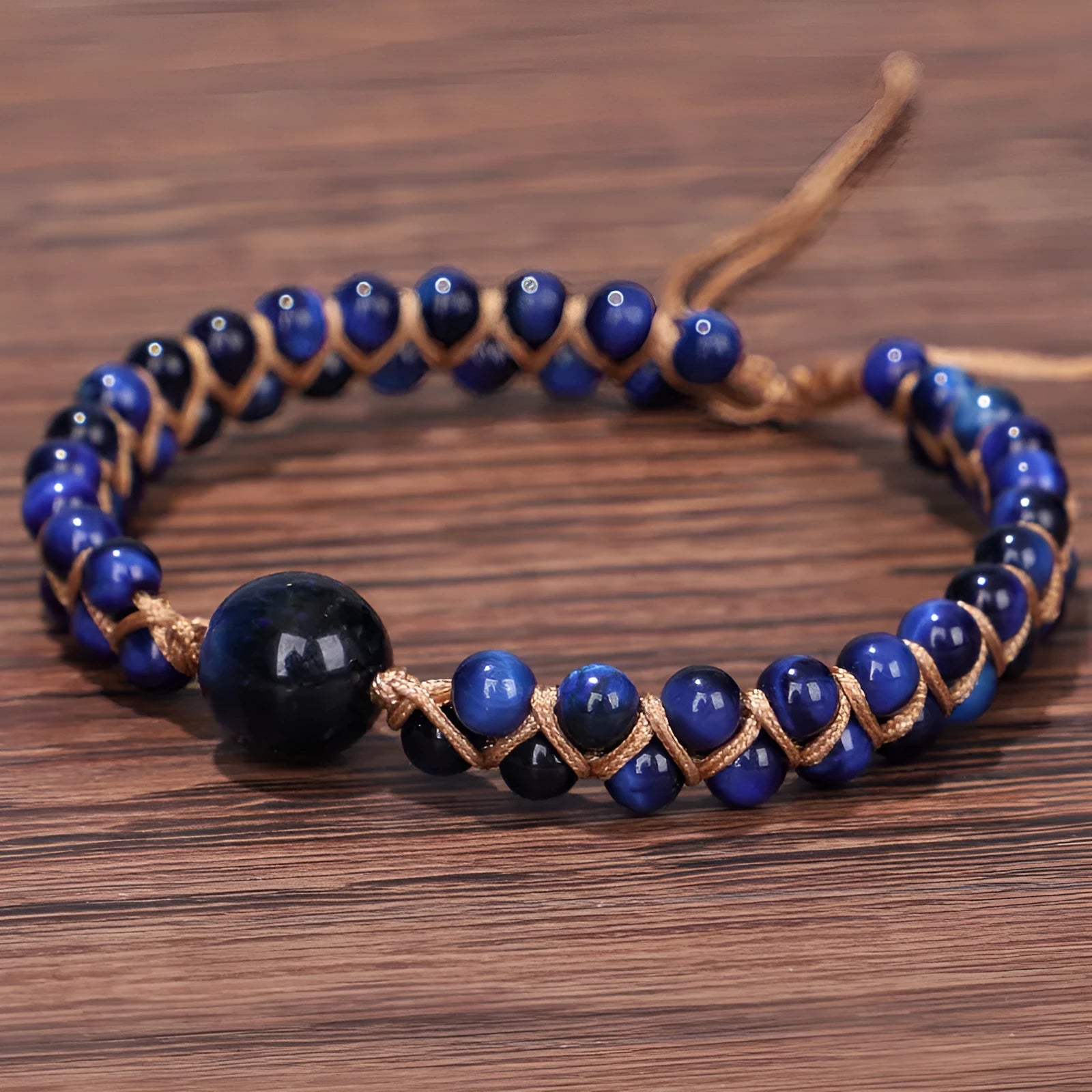 Handwoven geometric bracelet with genuine tigereye or amethyst stones and adjustable closure