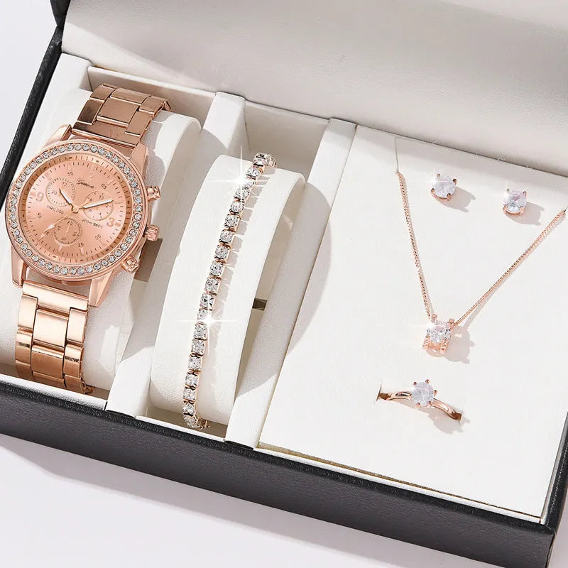 Women's three-eye quartz diamond-embedded watch with rose gold alloy strap