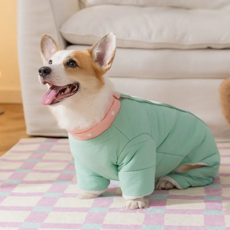 Autumn winter corgi dog clothes with removable cap, thick cotton four-legged jumpsuit in brown with bear embroidery